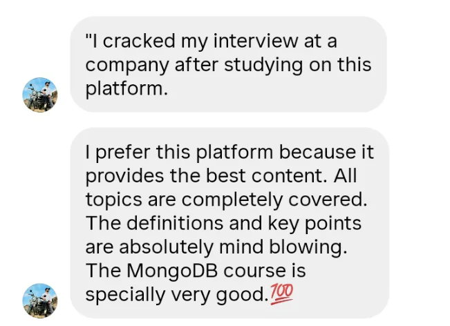 Learner review about cracking an interview and praising the MongoDB course