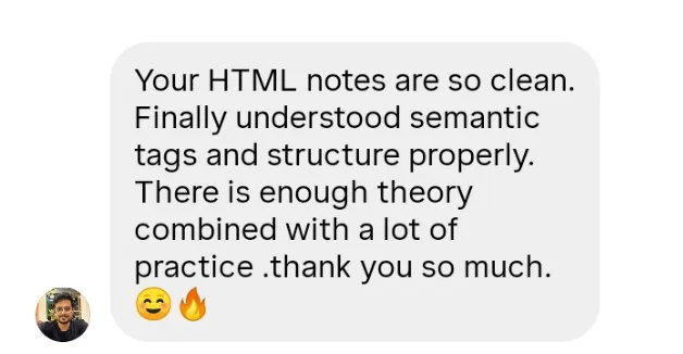 Learner review praising clean HTML notes and semantic tags