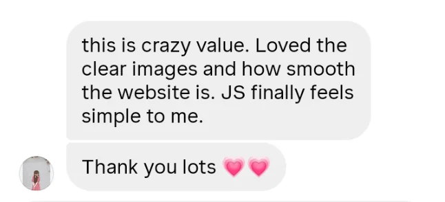 Learner review praising clear images, smooth website, and simple JS teaching