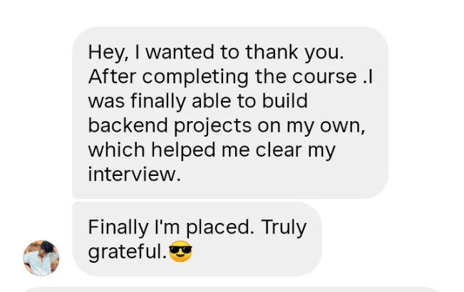 Learner review about building backend projects alone and getting placed