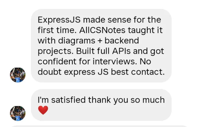Learner review praising ExpressJS diagrams and backend projects