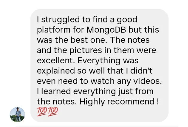 Learner review recommending MongoDB notes and diagrams