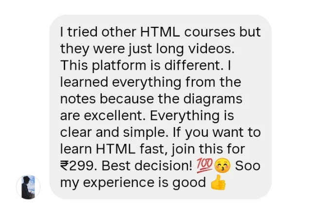 Learner review comparing HTML notes to long video courses